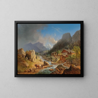 Mountain landscape painting with a mill on a stream - Franz Xaver Hofstetten — framed artwork on a wall