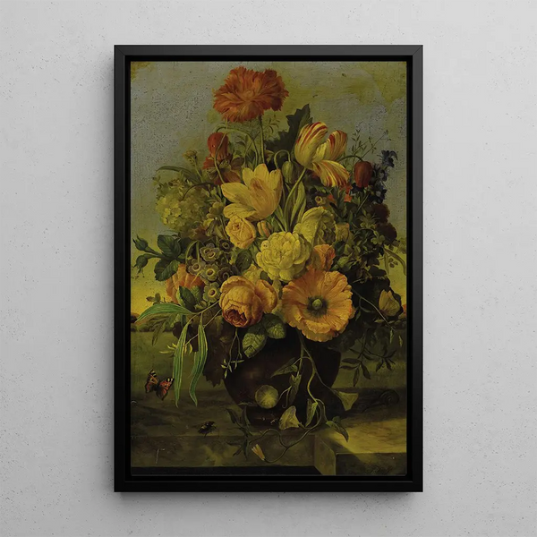 Bouquet floral élaboré sur un rebord de marbre avec un paysage au-delà - Franz Xaver Petter — framed artwork on a wall