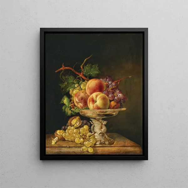 Still life with fruits in a central silver bowl - Franz Xaver Petter — framed artwork on a wall