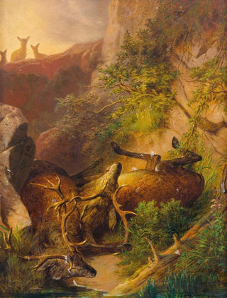 Franz Xaver von Pausinger - Zwei in der Brunftzeit abgestrzte Hirsche im Hochgebirge.webp