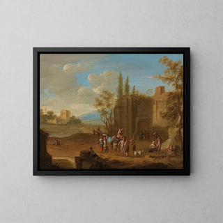 a landscape with travelers near Roman ruins - Franz de Paula Ferg — framed artwork on a wall