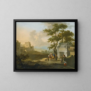 an Italian landscape with figures near classical ruins - Franz de Paula Ferg — framed artwork on a wall