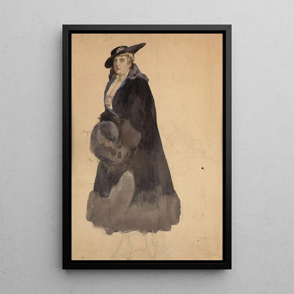 Study of an elegant woman in a black coat - Franz von Bayros — framed artwork on a wall