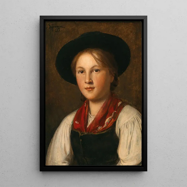 A graceful young girl in traditional costume with a hat - Franz von Defregger — framed artwork on a wall