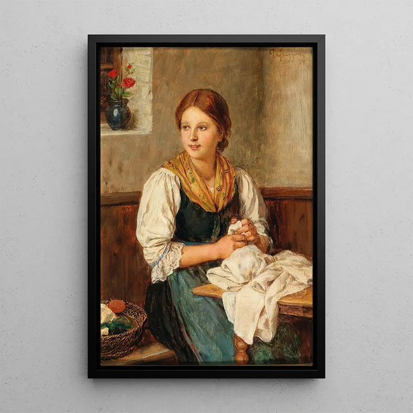 a young girl in traditional costume sewing at home - Franz von Defregger — framed artwork on a wall