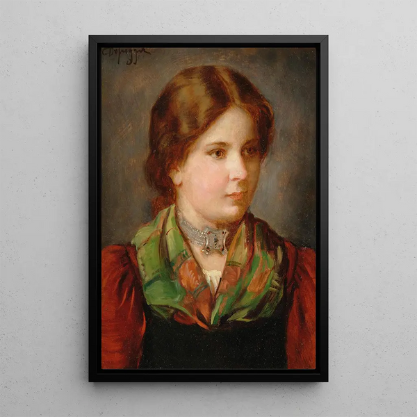 A young girl in traditional costume with shawl and necklace - Franz von Defregger — framed artwork on a wall