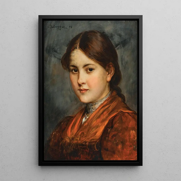 a young girl in traditional costume with a silver necklace - Franz von Defregger — framed artwork on a wall