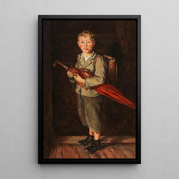 Boy peasant with umbrella and bag - Franz von Defregger — framed artwork on a wall