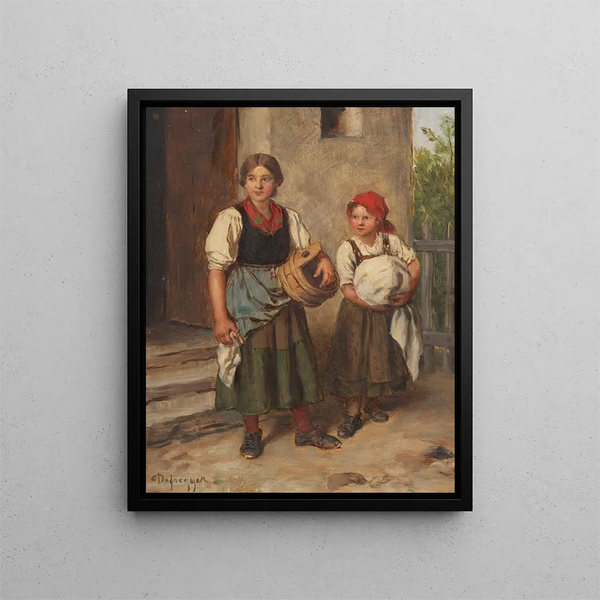 Farmhouse Painting with Dirndl in front of the laundry - Franz von Defregger — framed artwork on a wall