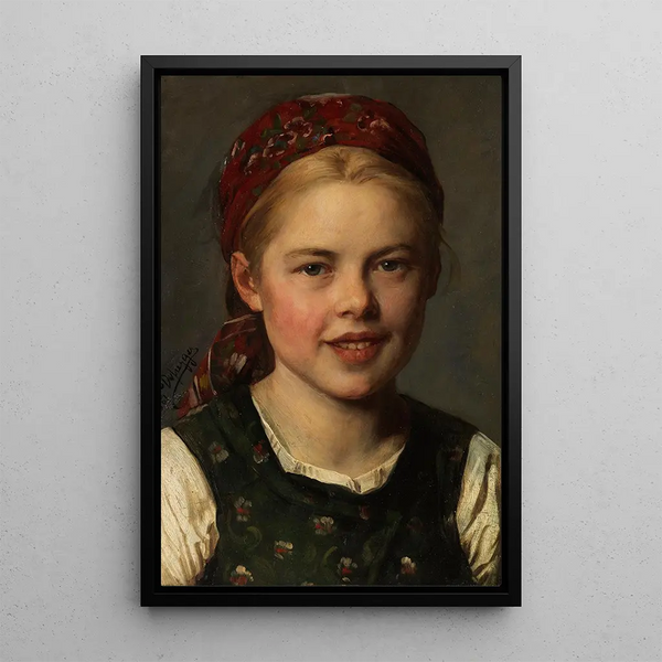 Young girl with bonnet - Franz von Defregger — framed artwork on a wall