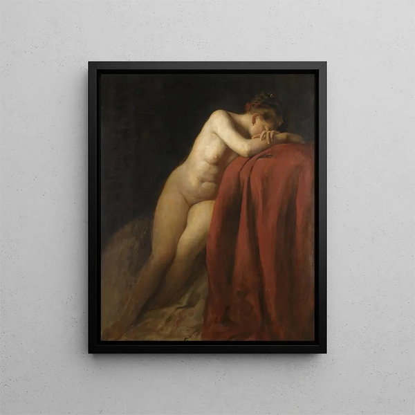 Nude painting with red drapery - Franz von Defregger — framed artwork on a wall