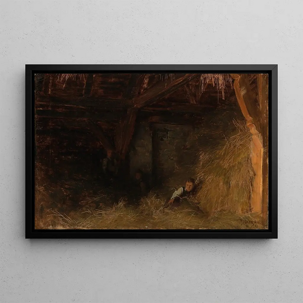 Three Boys in the Straw - Franz von Defregger — framed artwork on a wall