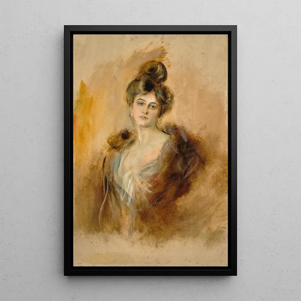 Portrait of a lady with hoop earrings and fur collar - Franz von Lenbach — framed artwork on a wall