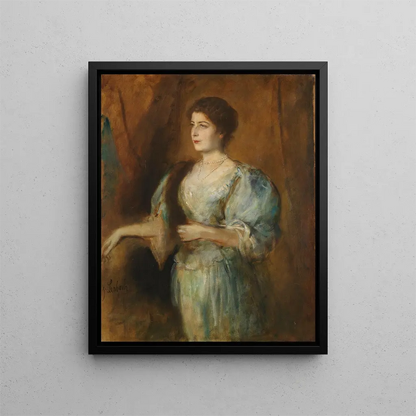 Portrait of a lady with a pearl necklace and a fur stole - Franz von Lenbach — framed artwork on a wall