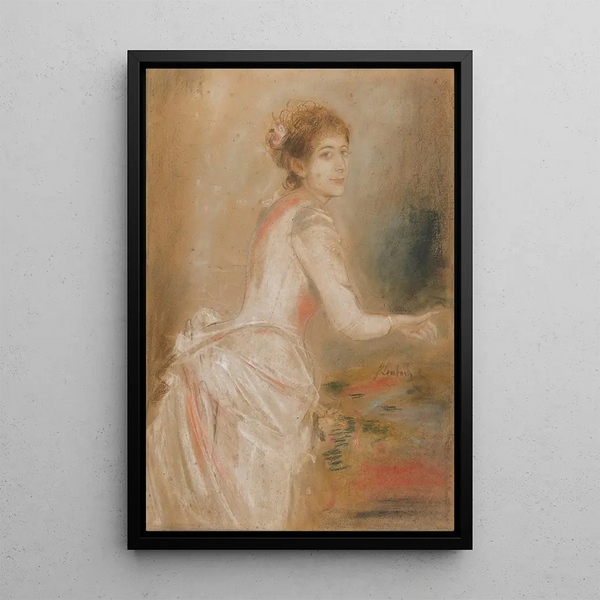 Portrait of a young lady in a white dress - Franz von Lenbach — framed artwork on a wall