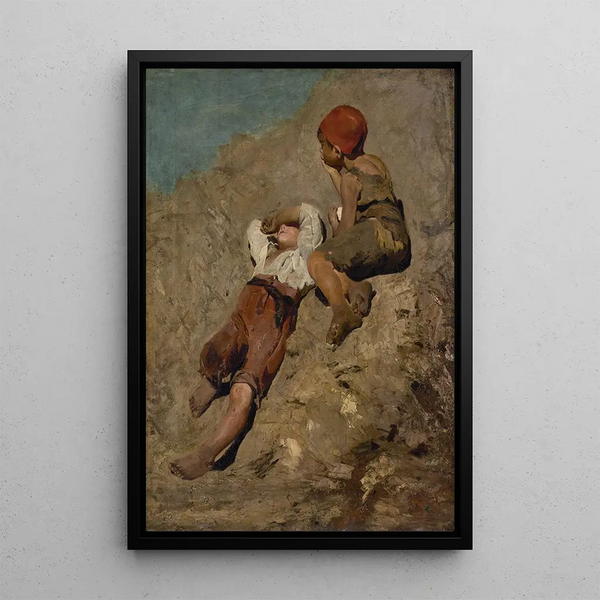 Two Peasant Boys on a Slope - Franz von Lenbach — framed artwork on a wall