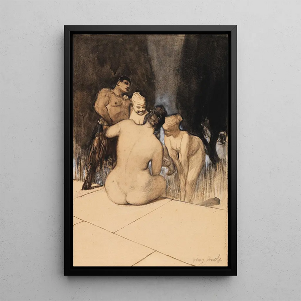 Satyr with Nymphs and Child - Franz von Stuck — framed artwork on a wall