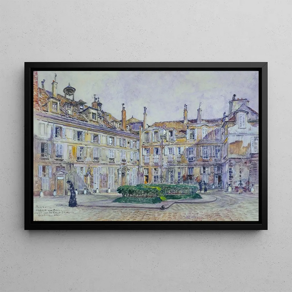 Interior courtyard painting of the Abbey-aux-Bois, 16 rue de Sèvres in 1906, 7th arrondissement - Frédéric Houbron — framed artwork on a wall