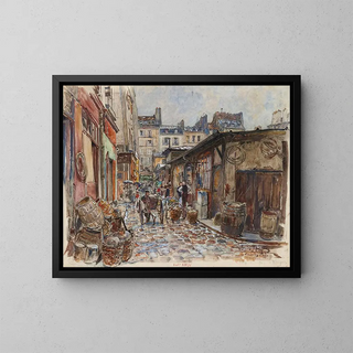The Marché des Enfants Rouges in the West under the rain in 1907, 3rd arrondissement - Frédéric Houbron — framed artwork on a wall