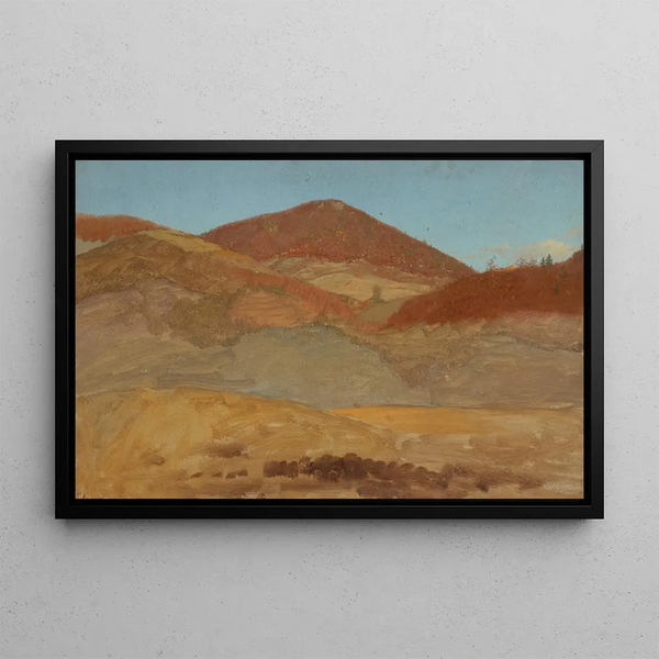 Landscape painting of a hilly landscape in autumn - Frederic Edwin Church — framed artwork on a wall