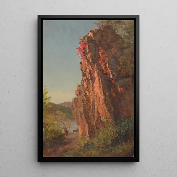 Landscape painting with a large rock possibly North Carolina - Frederic Edwin Church — framed artwork on a wall