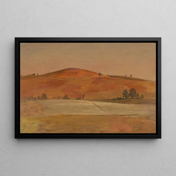 Landscape with low hill and fields - Frederic Edwin Church — framed artwork on a wall