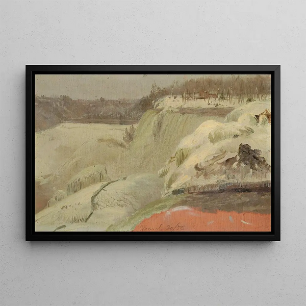Niagara Falls in the snow seen from Goat Island - Frederic Edwin Church — framed artwork on a wall
