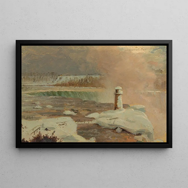 River and Niagara Falls in the snow - Frederic Edwin Church — framed artwork on a wall