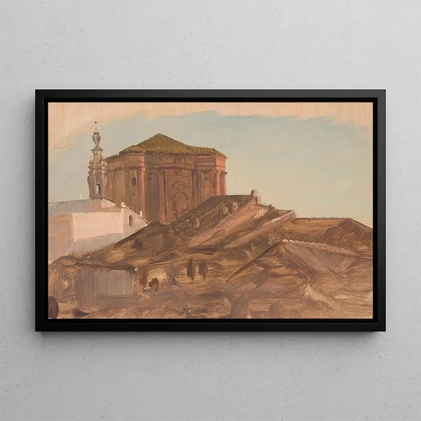 rooftops near Sant'Andrea delle Fratte from the Pincio, Rome - Frederic Edwin Church — framed artwork on a wall