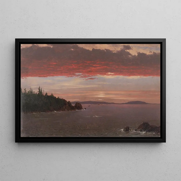 Peninsule de Schoodic depuis Mount Desert au lever du soleil - Frederic Edwin Church — framed artwork on a wall