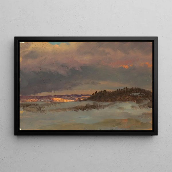 Winter landscape painting with blue hill at sunset, Hudson, New York - Frederic Edwin Church — framed artwork on a wall