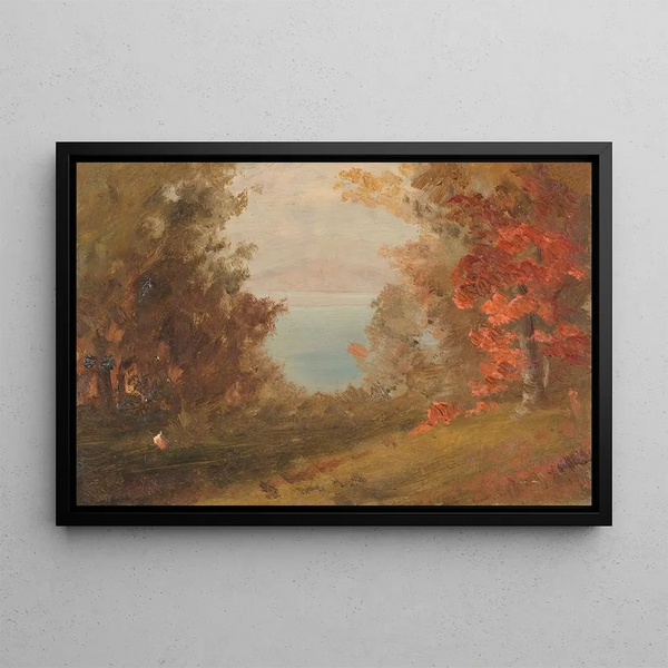 Autumn wooded scene in Hudson, New York or Maine - Frederic Edwin Church — framed artwork on a wall