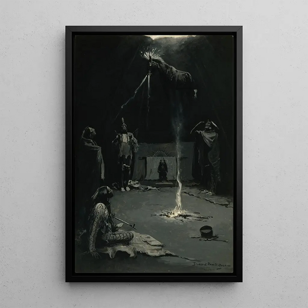 the Indian Fire God, the Departure of the Medicine Horse - Frederic Remington — framed artwork on a wall
