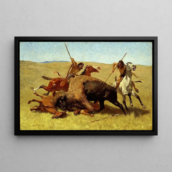 The Bison Hunt - Frederic Remington — framed artwork on a wall