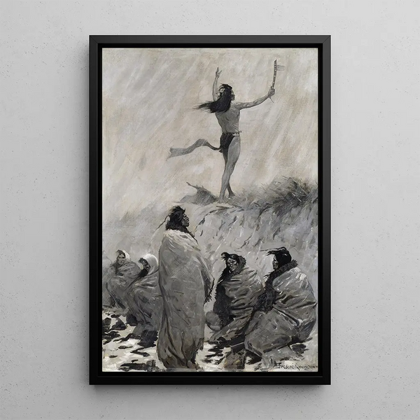 The fire-breather raises his arms towards the thunderbird - Frederic Remington — framed artwork on a wall
