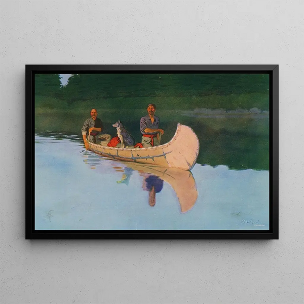 Two men and a dog in a canoe - Frederic Remington — framed artwork on a wall