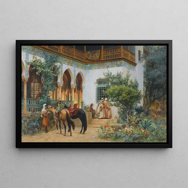 Une Cour Nord-Africaine - Frederick Arthur Bridgman — framed artwork on a wall