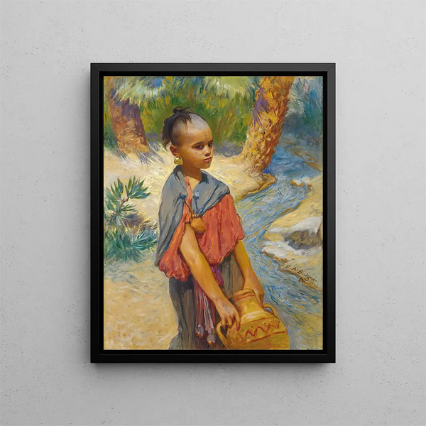 A young girl by a riverbank - Frederick Arthur Bridgman — framed artwork on a wall