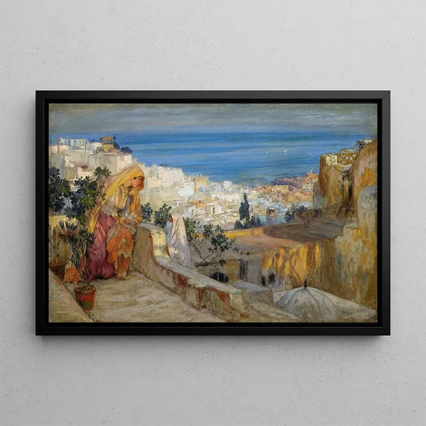 Arab women on a roof with Algiers in the distance - Frederick Arthur Bridgman — framed artwork on a wall