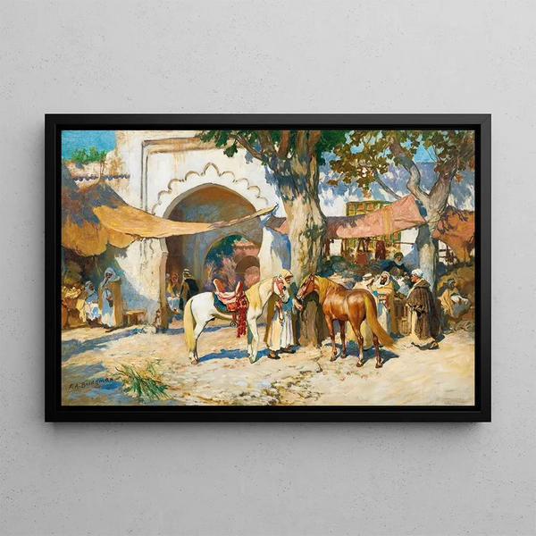 in the Algerian souk - Frederick Arthur Bridgman — framed artwork on a wall