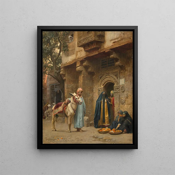Arab women in front of a door - Frederick Arthur Bridgman — framed artwork on a wall