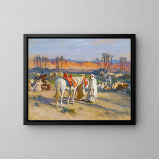 Stop in the desert - Frederick Arthur Bridgman — framed artwork on a wall