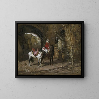 Cavalier dans une cour - Frederick Arthur Bridgman — framed artwork on a wall