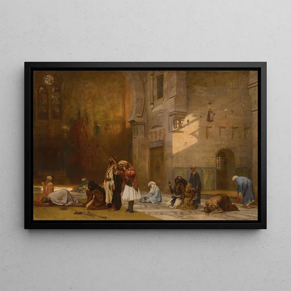 Prayer in the Cairo Mosque - Frederick Arthur Bridgman — framed artwork on a wall