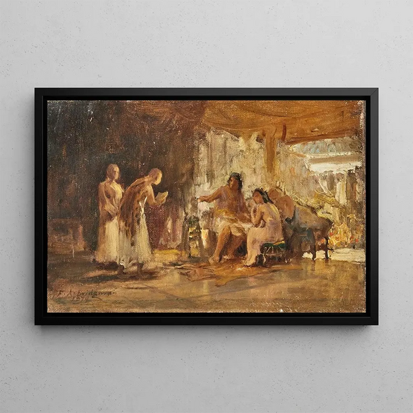 Study of a group in an interior - Frederick Arthur Bridgman — framed artwork on a wall