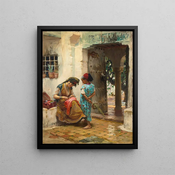 La Leçon de couture - Frederick Arthur Bridgman — framed artwork on a wall