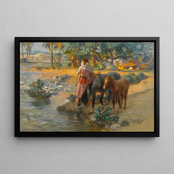 Horse watering painting - Frederick Arthur Bridgman — framed artwork on a wall