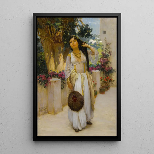 Femme d'Alger sur une véranda - Frederick Arthur Bridgman — framed artwork on a wall