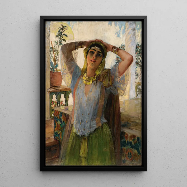 Young Oriental Woman on a Terrace - Frederick Arthur Bridgman — framed artwork on a wall