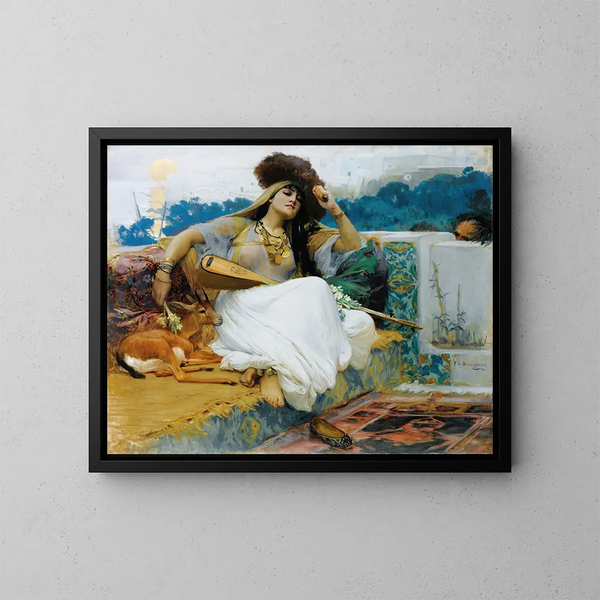 Young woman on a terrace - Frederick Arthur Bridgman — framed artwork on a wall